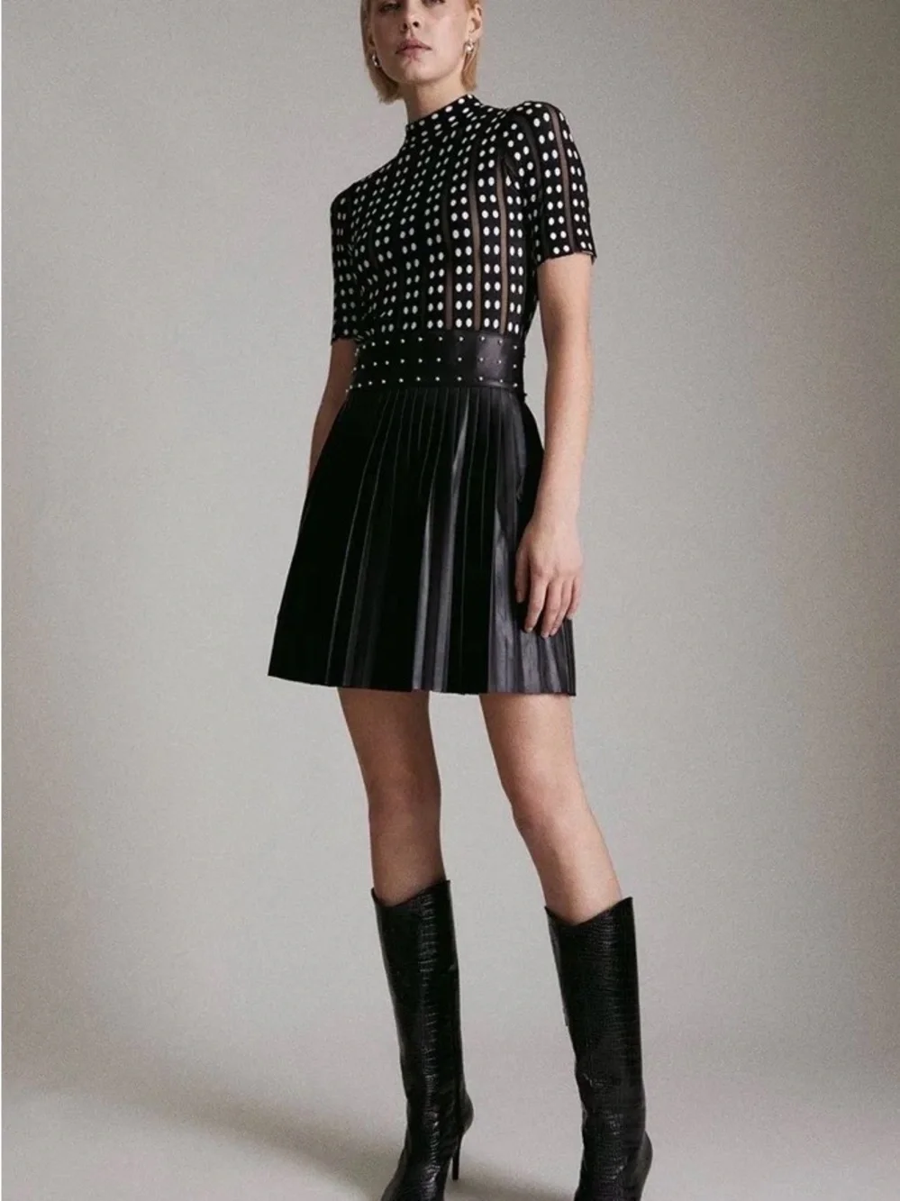 Karen Millen Shear Knit Black and White Polka Dot Pleated Leather Midi Dress